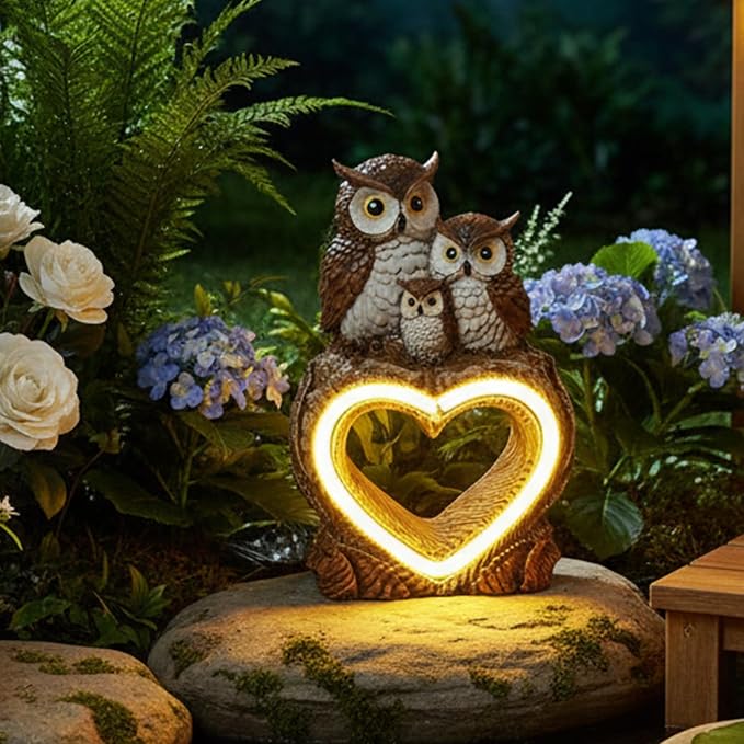 Solar Garden Decor Statues 7" Resin Solar Owl Waterproof Garden Owl Decor for Outside Yard Patio Porch Decoration Gift for Mom Grandma