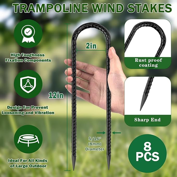 12" Trampoline Ground Wind Stakes Anchors High Wind Heavy Duty, 8 Pack U-Shaped Rebar Tent Stakes for Camping Tents, Soccer Goals,Fences, Swing, Landscape,Garden Decoration (U-8Pack)