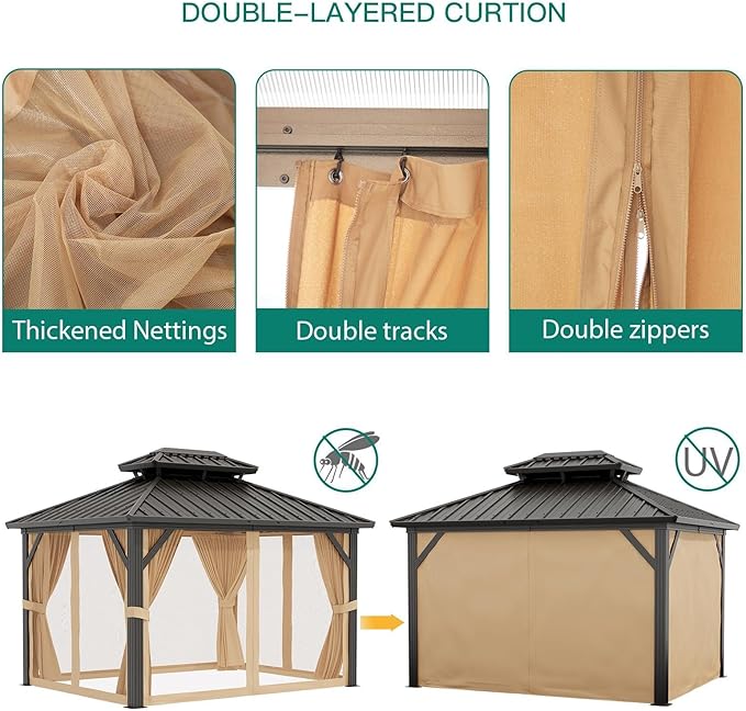 12 x 20 ft Hardtop Gazebo, Heavy Duty Galvanized Aluminum Frame Double Roof Outdoor Pavilion, Faux Wood Grain Metal Roof Gazebo with Netting & Privacy Curtains, Brown Patio Canopy Shelter for Backyard