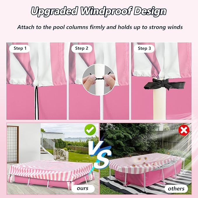 Rectangular Pool Cover,Waterproof Covers for 7' x 5' x 24" Rectangular Metal Frame Above Ground Outdoor Swimming Pool,with Tie-Down Ropes & 4 Sandbags,Increase Stability(Cover only,Pink)