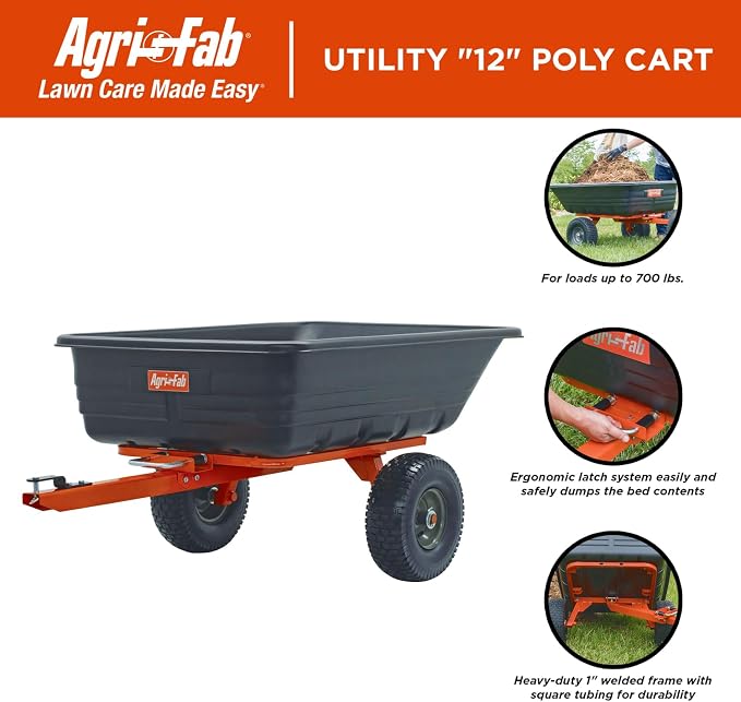 Agri-Fab Tow Behind Poly Dump Swivel Cart for Lawn Tractors and Mowers, 700 lb Capacity, 12 Cu Ft Utility Trailer