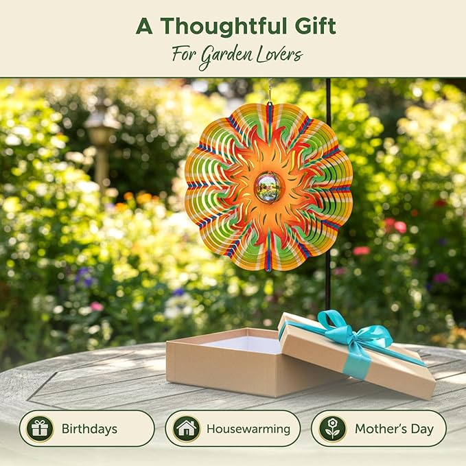 Garden Decor Sun Wind Spinner – 12-in Gazing Sun Hanging Decoration for Yard and – Boho Multicolored Ornament Spinner for Outdoor