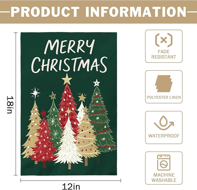 Merry Christmas Garden Flag 12x18 Inch Forest Green Xmas Tree Holiday Winter Decorative Yard Flags for Outside Double Sided Seasonal Outdoor Home Farmhouse Decoration Porch New Year Decor