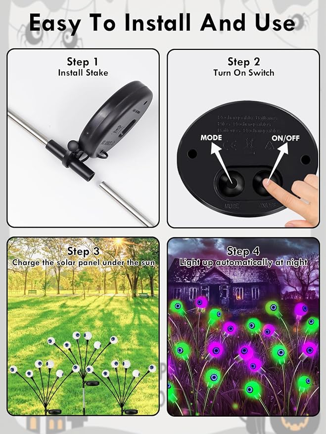 6 Pack Halloween Decorations Outdoor Solar Eyeball Lights, Purple and Green Scary Eyeball Swaying Firefly Lights with 2 Modes, Waterproof Halloween Pathway Lights for Yard Garden Lawn Party Decor