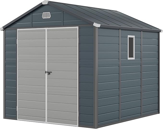 YITAHOME 8x9FT Resin Storage Unit sans Flooring, All-Weather Plastic Shed with Window, Vents and Secured Doors, Outdoor Plastic Tool Cabin for Poolside, Lawn, Backyard, Patio, Dark Gray