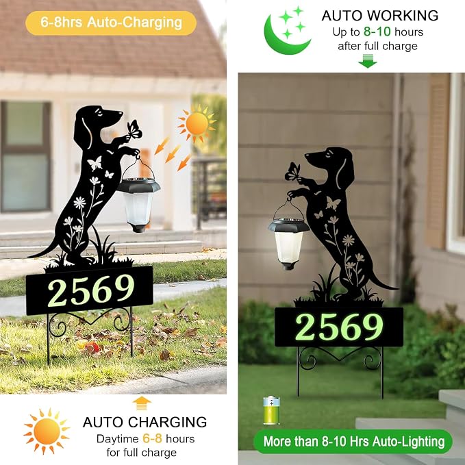 Solar House Numbers for Outside,Dachshund Address Signs for Houses Yard | Metal Dog Glow in The Dark Decorative Outdoor Ornaments for Garden Stakes,Lawn,Pathway,Patio