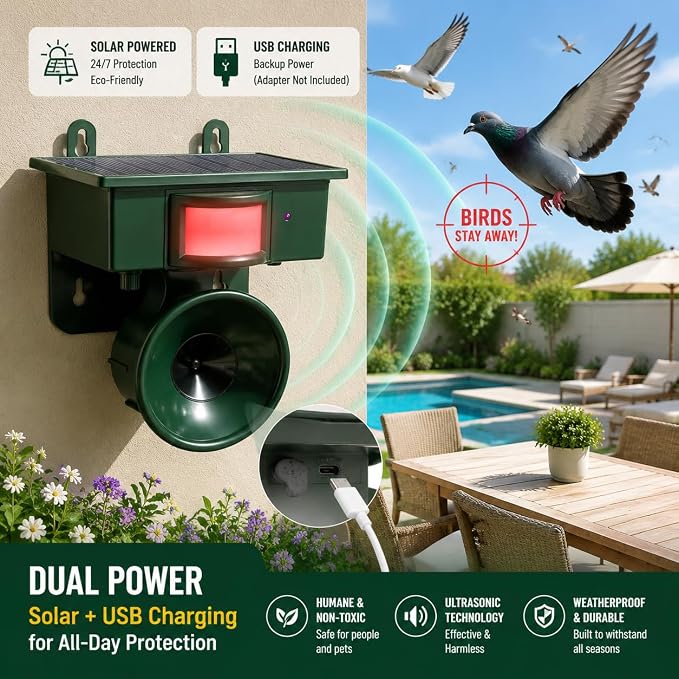 2026 Solar Ultrasonic Bird Repellent Devices Outdoor,Best Bird Deterrent for Pool,Pigeon Repellent for Balcony,Keep Crows Sparrows Starlings Out of Fruit Trees,Swimming Pool,Patio,Roof