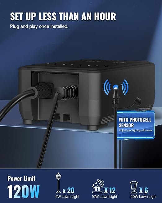 120W Low Voltage Landscape Transformer, Weatherproof Outdoor Low Voltage Transformer, 120V AC to 12V DC, Landscape Lighting Transformer with Timer and Photocell Sensor, ETL Listed A03LT06