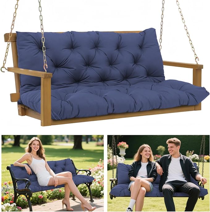 Porch Swing Cushions 60x40 Inch, 5" Extra Thick Waterproof Outdoor Swing Seat Cushion with Backrest & 8 Non-Slip Ties PP Cotton + Memory Foam Fill, Fade-Resistant 3-Seater Replacement for Patio Bench