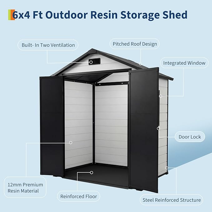 Resin Outdoor Storage Sheds 4x6 ft, Upgraded Double-Wall Outdoor Plastic Shed with Window & Double Doors, Waterproof Lockable Garden Shed (Grayish White + Black, 6 X 4 ft)