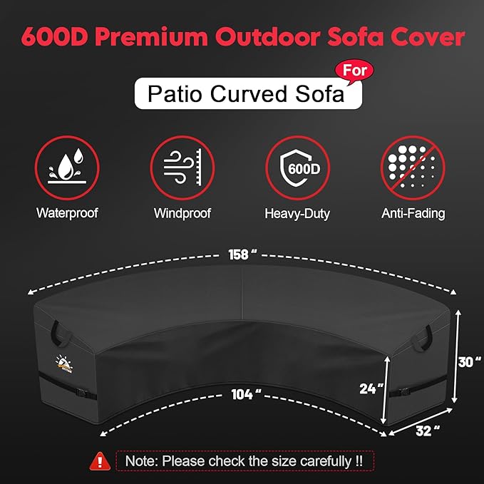 Zettum Outdoor Curved Sectional Cover - Patio Sectional Sofa Cover, 600D Waterproof Patio Furniture Covers for 4-6 Seater Outdoor Sectional Sofa and Couch, 158"(Back)/104"(Front)