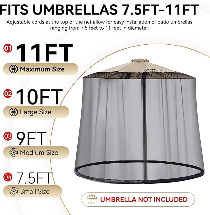 9-11 FT Outdoor Mosquito Netting for Patio, Windproof Universal Umbrella Mosquito Net for Patio Garden Backyards, Polyester Mesh Outdoor Umbrella Screen with Zipper (Black)