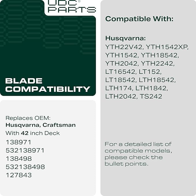 UDC Parts 532138971 Mower Blades Replacement for Craftsman 42 Inch LT2000 LT1000 YT3000 DYT4000 DLT3000 YT4000 138971 Husqvarna YTH22V42 YTH18542 YTA18542 YTH1542XP 532127843 138498 / High Lift 2 Pack