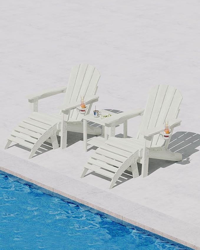 GarveeLife Folding Adirondack Chair Set of 2 with Ottoman, All-Weather HDPE Outdoor Chair, Wooden Textured with Cup Holder for patios, Decks, Gardens, fire pits, White