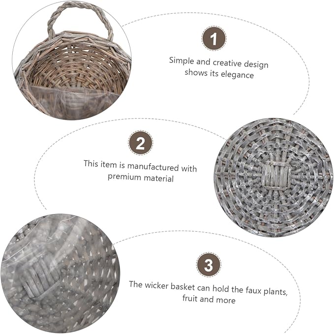Wicker Hanging Basket Set 2 Pcs Handmade Wall-Mounted Planters for Indoor Outdoor Use Grey Willow Style Storage and Flowerpot