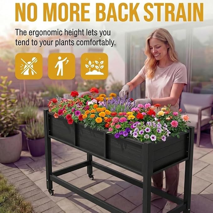 DWVO Raised Garden Bed HDPE with Wheels 47x18x31in Weather-Resistant Poly Wood Raised Planter Box Outdoor with Legs, Elevated Planter Box for Patio Balcony Backyard, Black