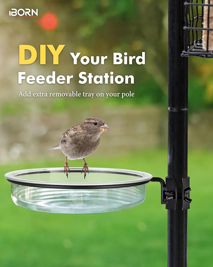 iBorn Bird Feeders Station Water Tray and Ring for 1” Pole Stand Station Outdoor Accessory for Humming Bird Feeders for Outside,5SECOND to Install,Fit for 1 Inch Pole,1 Inch Wooden Stick,1 Set