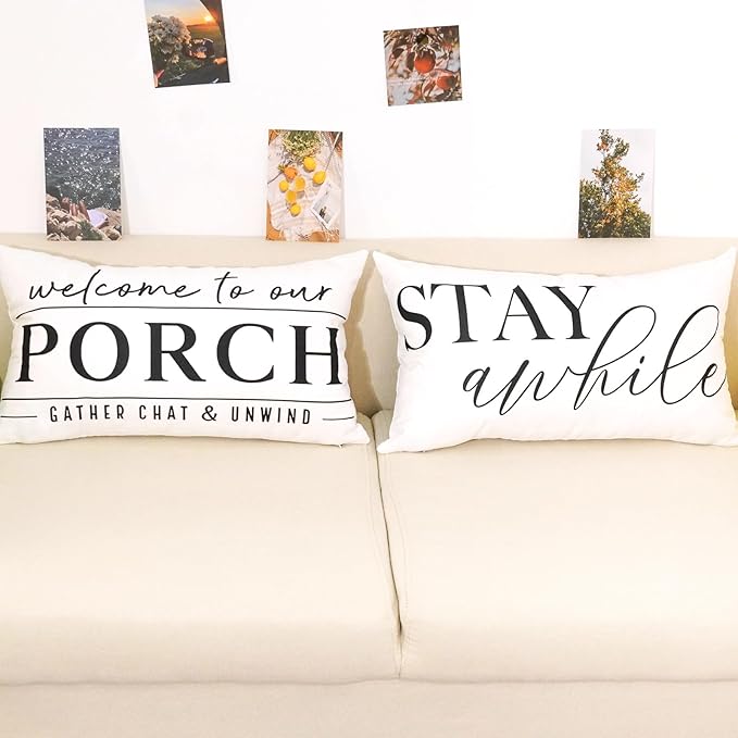 TAJWE Outdoor Pillow Covers Waterproof 12x20 Set of 2 Welcome to Our Porch Stay Awhile Cushion Cases for Patio Furniture Sofa Couch Decor