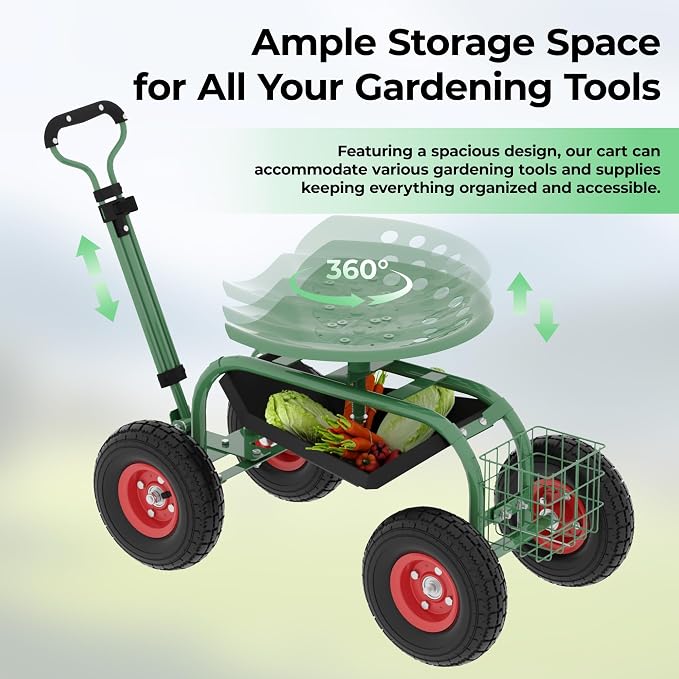 Garden Cart Workseat with Wheels, Rolling Gardening Stool with 360° Swivel Seat, Wagon Scooter with Steering Handle & Utility Tool Tray for Planting, Weeding, Lawn Care
