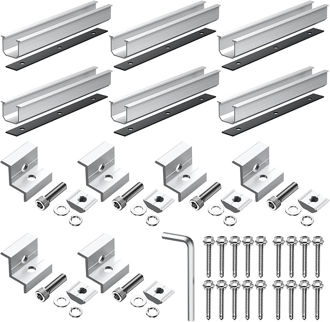 Anbte Solar Panel Bracket Kit, 6 Pcs 7.87 in Aluminium Solar Panel Mounting Rail 30mm/35mm Solar Panel End Clamps, Solar Panel Brackets for Metal Roof, Tin Roof, Flat Roof, Sheet Roof, RV, Silver