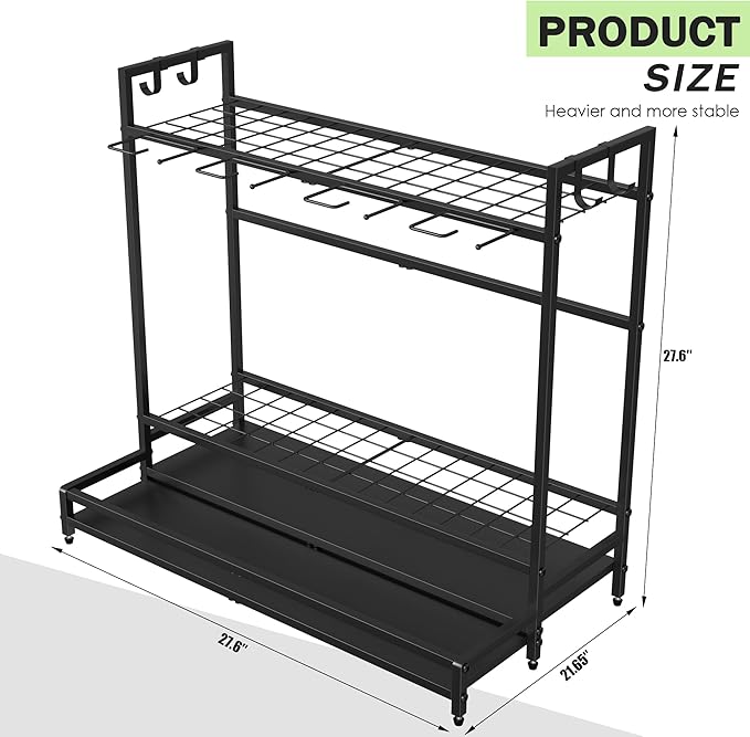 VGMiu Garden Tool Organizer for Garage, Yard Tool Rack, Holds Up to 64 Long-Handled Tools, Black Metal Garden Tools Rack Storage with Hooks for Yard Shed Garage Organization