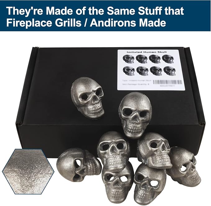 Imitated Human Skull Gas Log for Indoor or Outdoor Fireplaces, Made of Metal, Durable for More Than 10 Years，Fire Pits Halloween Decor Skull Charcoal (Fireproof)(Refractory) (8 PCS)
