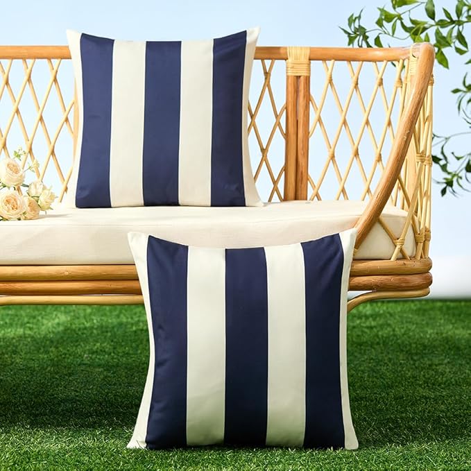 Allorry Outdoor Pillow Covers 20x20 Set of 2 Navy Blue Striped Decoration Throw Pillow Covers for Spring Summer Outdoor Waterproof Garden Patio Furniture Sofa Bed Home Decor JB007-D20