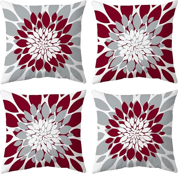 Qahing Pack of 4 Outdoor Waterproof Pillow Covers 24x24 Decorative Outdoor Throw Pillows Garden Square Cushion Cases for Patio Furniture, Couch, Tent Sunbrella, Bench, Burgundy Red Grey