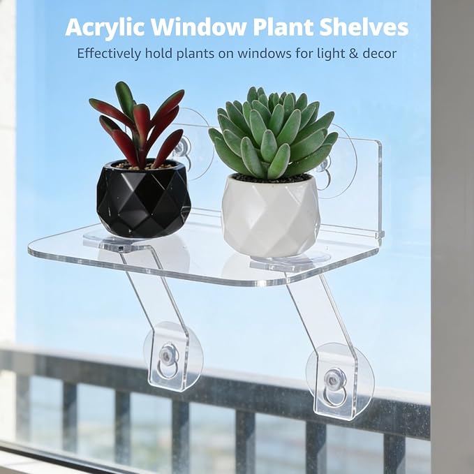 2-Pack Acrylic Window Plant Shelves with Suction Cups & Support Brackets - 7.7 in Semicircular Window Sill Extender for Herb Pots, Succulents, Flower Boxes, Micro Greens | Indoor/Outdoor Use (L)