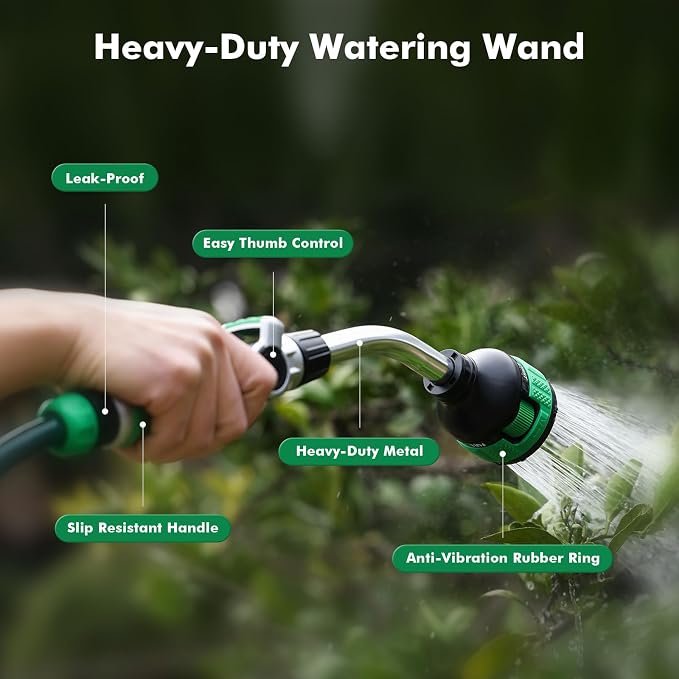 RESTMO 2-in-1 Watering Wand, Heavy Duty Metal Garden Hose Wand with 9 Spray Patterns, Multi-Function Hose Nozzle Sprayer with Thumb Flow Control, Ideal to Water Hanging Baskets and Shrubs, Green