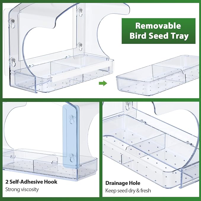 Large Window Bird Feeders Outside with 2 Non-Marking Self-Adhesive Hooks - Wild Bird Watching Outdoor Transparent - Unique Gifts for Garden Yard Elderly Viewing(with a Brush, Easy to Clean)