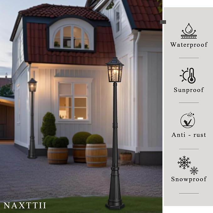 Outdoor Solar Lamp Post Light Dusk to Dawn Waterproof Solar Pole Lights with Water Ripple Glass 80.7 Inch Height Aluminum Black Street Light with Remote Control and LED Bulb