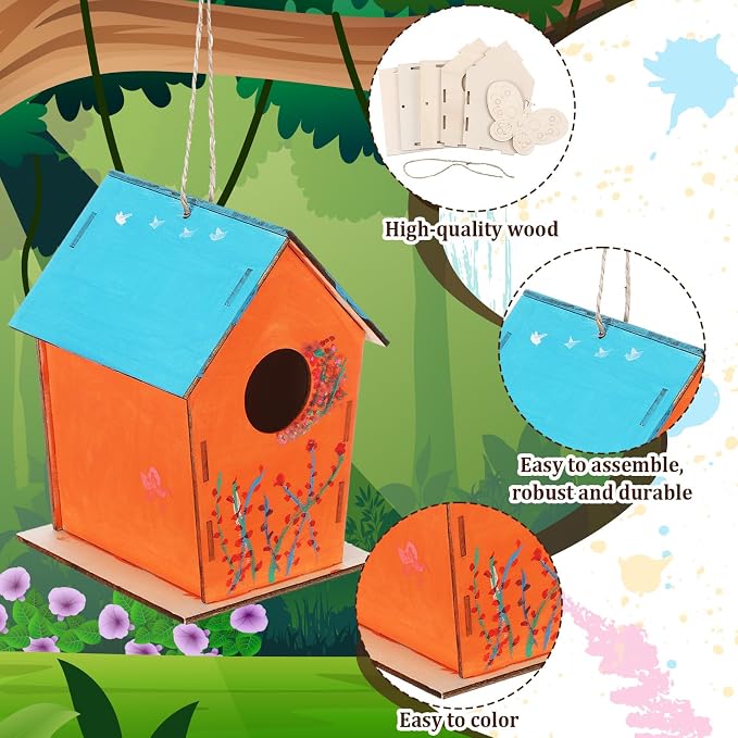 DoubleFill 24 Pack Wooden Bird Houses Bulk Butterfly Wood Chips for DIY Unfinished Hanging Birdhouse Kits Wooden Craft Houses to Paint Summer Bulk Craft Family Crafts Party Favor