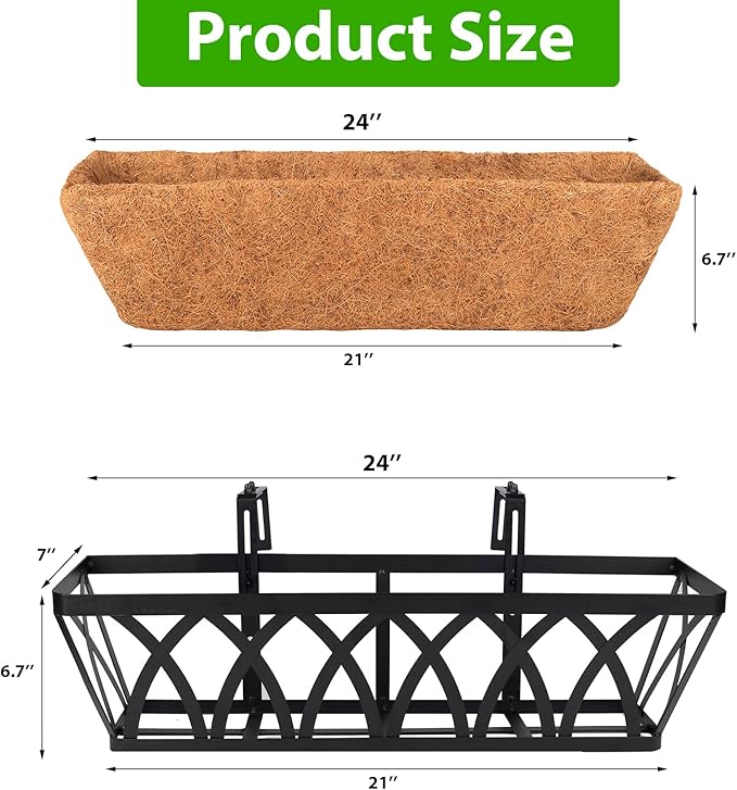 HKZ Deck Balcony Railing Planter Window Boxes - 2 Pack 24 Inch Planter Box, Balcony Planters Railing Hanging, Window Boxes Outdoor Fence Planters