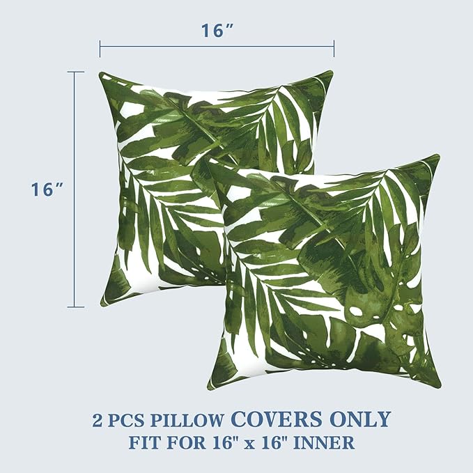 LVTXIII 2 Pack Outdoor Throw Pillow Covers for Patio Furniture, 16x16 Inch Square Pillow Case, Water-Repellent Cushion Covers for Garden, Porch, Sofa, Palm Green