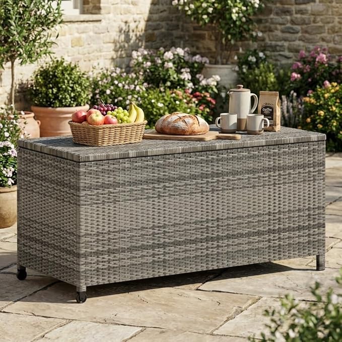 185 Gallon Outdoor Wicker Deck Box, All-Weather Waterproof Patio Storage with PE Rattan Finish & Steel Frame, for Cushions, Garden Tools, Pool Supplies, Lockable Brown Storage Box with Soft-Close Lid