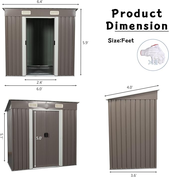 6FT x 4FT Heavy Duty Outdoor Metal Storage Shed, Galvanized Steel Garden Shed with Sliding Lockable Doors, Punched Vents & Foundation Kit, Weather Resistant Backyard Tool Storage House, Grey