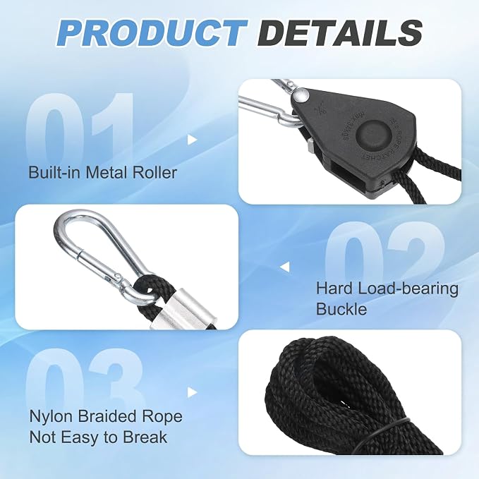 uxcell 4 Pairs 1/8" Adjustable Rope Hanger, 16.4ft(5 Meter) Heavy Duty Ratchet Tie Down Strap with Rope Clip Hanger for Hanging Plants, Grow Light and Various Tie-Down Uses, Black