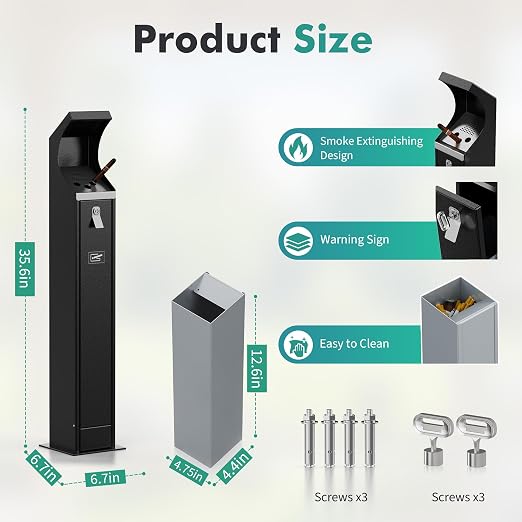 Commercial Trash Can Disposal Outdoor Heavy Duty Outdoor Vertical Trash Can Standing Rubbish Bin for Patios Gardens Hotels Pubs Offices(Black)