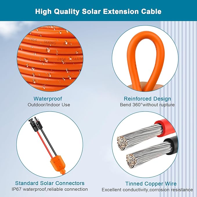 Solar Panel Extension Cable 10FT - MOOKEERF 10AWG+14AWG Solar Wire with Female & Male IP68 Waterproof Connector for RV, Photovoltaic Systems, Home, Boat, Solar Panels, Car