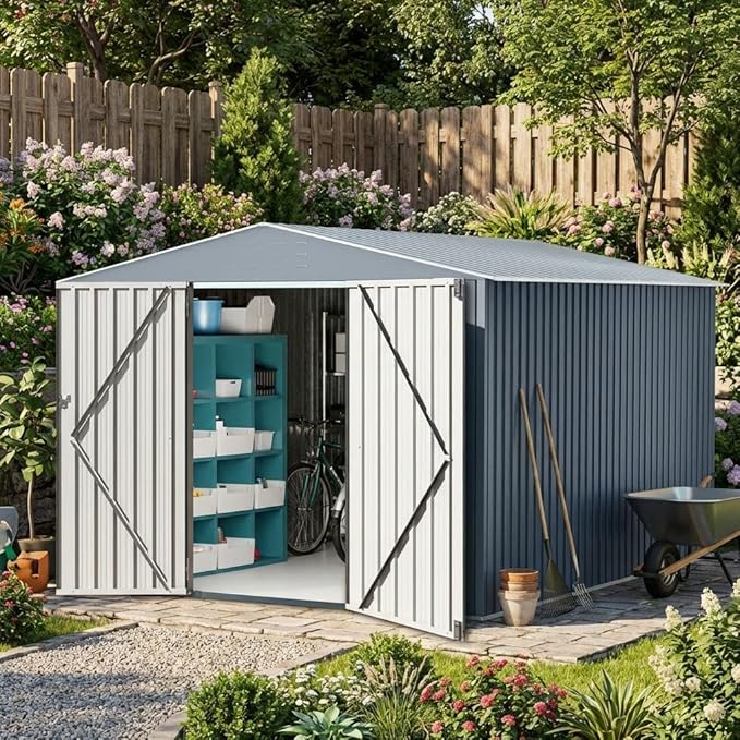 GarveeLife Large Outdoor Metal Storage Shed, 8x12 ft Metal Shed with Lockable Doors, Large Garden Tool Shed with Sturdy Frame Structure, for Backyard, Patio, Lawn, Grey