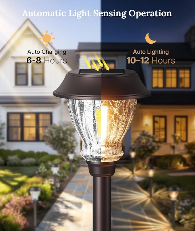 XMCOSY+ Solar Pathway Lights Outdoor, 6 Pack Crackled Glass Solar Garden Lights, Warm White Dusk to Dawn, Waterproof Auto On/Off Landscape Lighting for Yard Walkway Driveway Patio