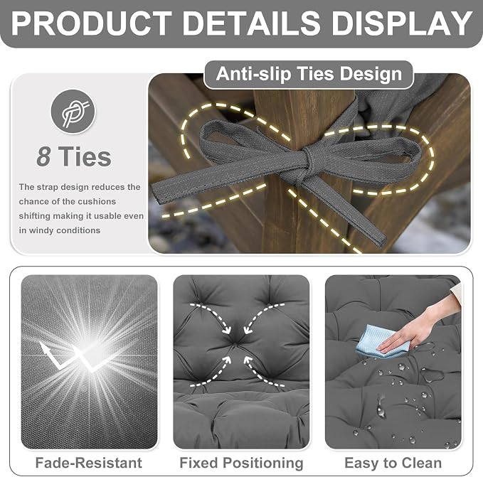 Porch Swing Cushions 60 inch Waterproof & Fade Resistant Thicken 5" Outdoor Swing Cushions 3 Seater Replacement with Backrest & Ties Patio Swing Cushions for Outdoor Furniture (Dark Gray)