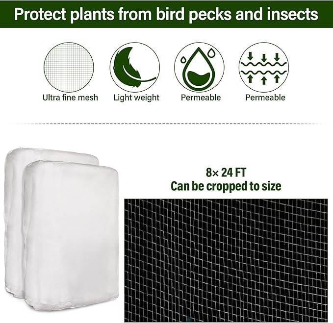 Woanger 2 Set Garden Netting Kit for Raised Beds Ultra Fine Mesh Netting with 100 Hoops 72 Clips 80 Connectors for Garden Row Cover Vegetable Flowers Protection Barrier Plant Covers(8 x 24 ft)