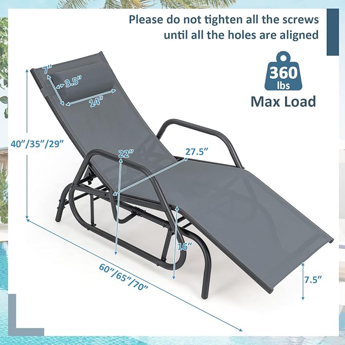 Tangkula Outdoor Glider Recliner Chair, Adjustable Backrest Patio Gliding Lounger Chair with Armrests and Pillow, Outdoor Swinging Rocking Chair with Breathable Fabric for Poolside, Backyard (2, Grey)