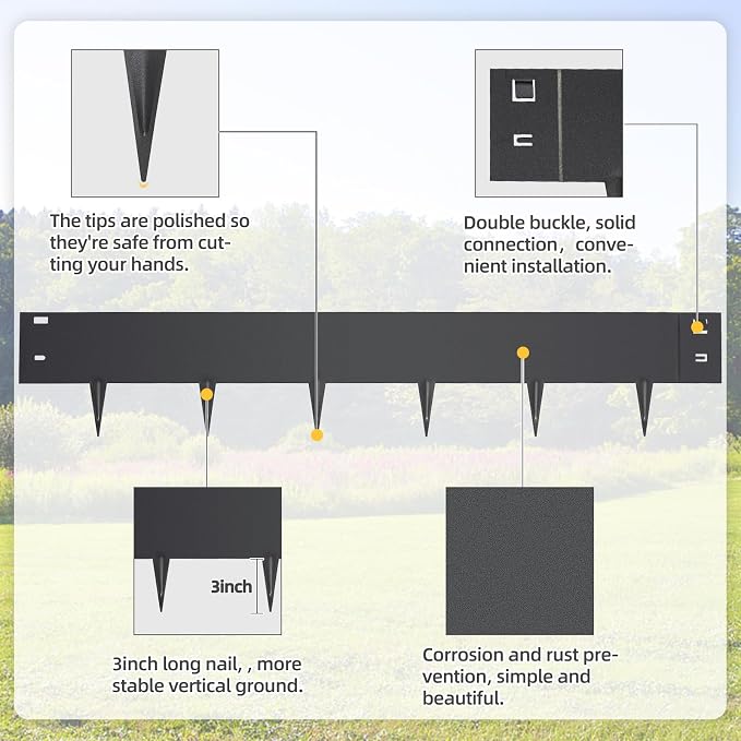 5PCS Steel Landscape Edging 39 x 6Inch (3 Inch Metal Strips + 3inch Nail) Black Garden Edging Border Length Flexible Landscape Edging Anchoring Stakes