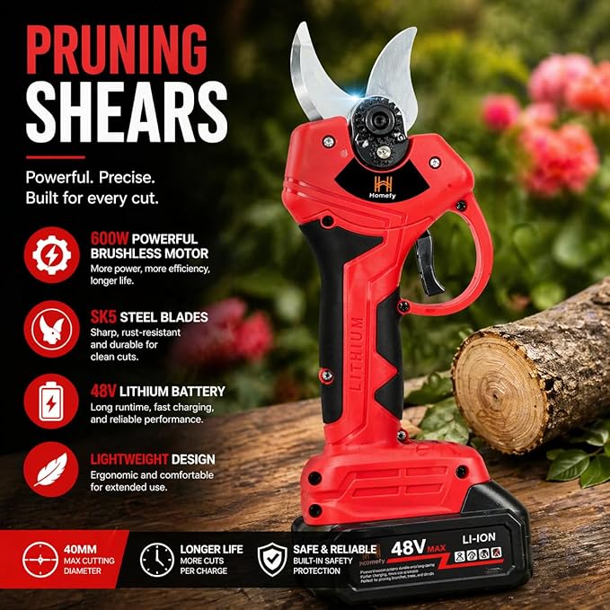 21V Cordless Electric Pruner, 1.6" Cutting Diameter, 600W Brushless Motor, SK5 Steel Blades, Battery & Charger Included, Lightweight Tree Trimmer for Garden, Orchard & Farm