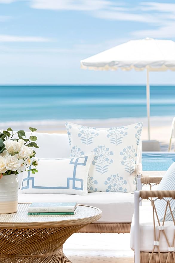 Hofdeco Premium Coastal Patio Indoor Outdoor Lumbar Pillow Cover Only, 12"x20" Water Repellent for Backyard, Couch, Baby Blue Embroidered Frame Greek Key (Pack of 2)