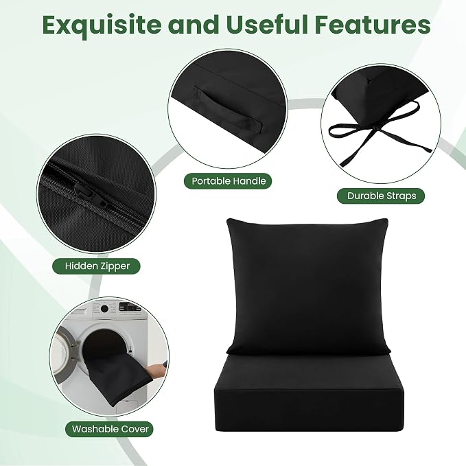 Patio Cushions for Outdoor Furniture, 24x24 Outdoor Couch Cushions, Waterproof & Fade-Resistant Patio Chair Cushions with Removable Cover, Replacement Outdoor Deep Seat Cushion, Black (Set of 6)