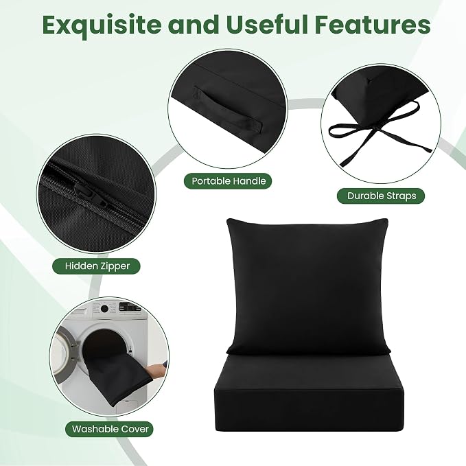 Patio Cushions for Outdoor Furniture, 24x24 Outdoor Couch Cushions, Waterproof & Fade-Resistant Patio Chair Cushions with Removable Cover, Replacement Outdoor Deep Seat Cushion, Black (Set of 1)